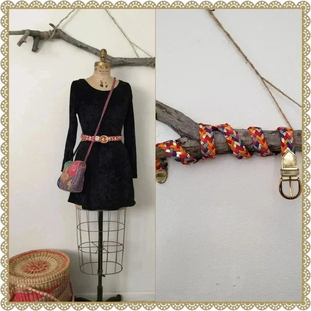 ✨BOGO FREE✨  Vintage Rainbow Gold Metallic Woven Disco Hippie Boho Belt